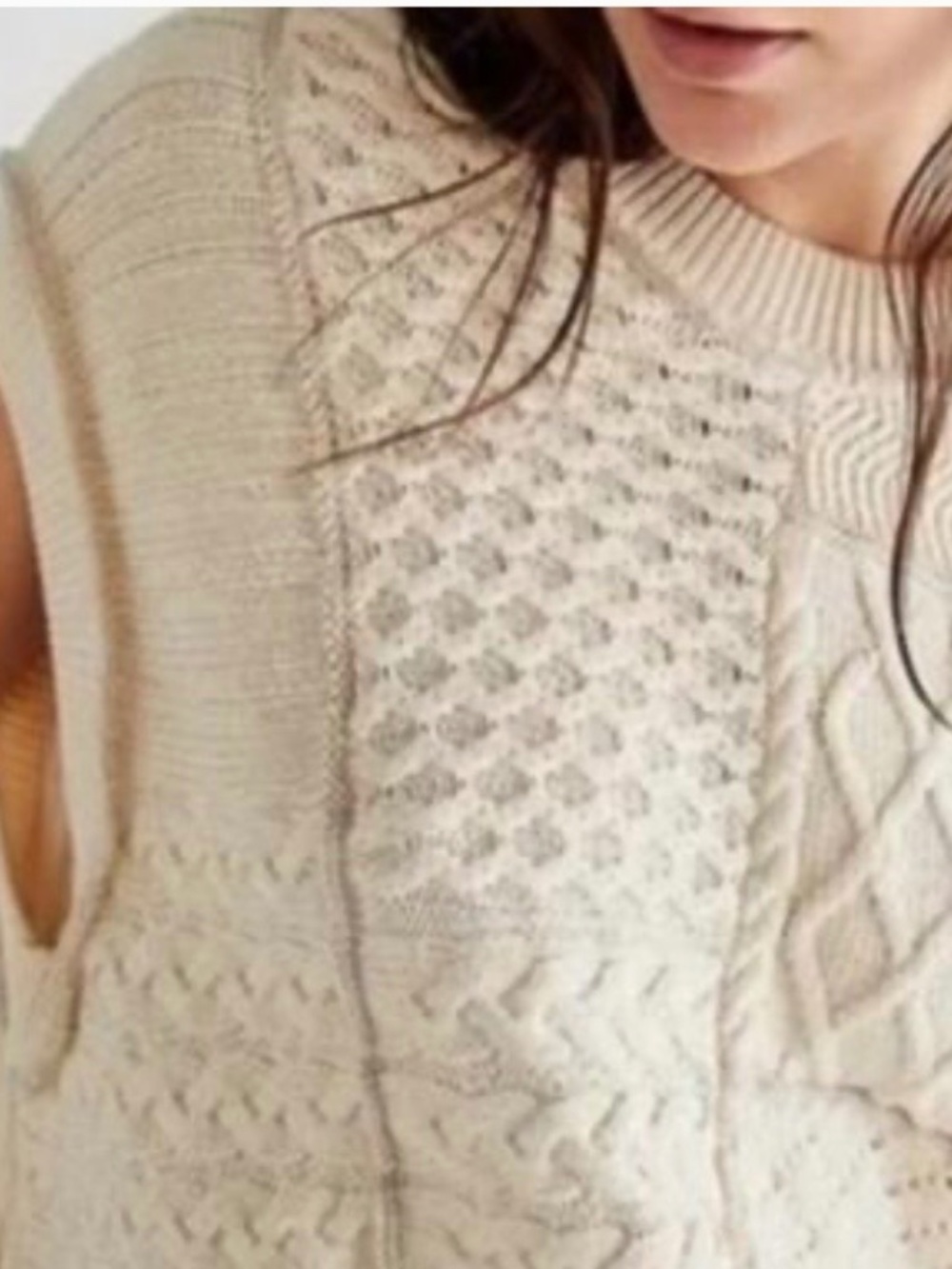 Free People Chunky Cable Knit Cotton Crew Neck Vest Cream